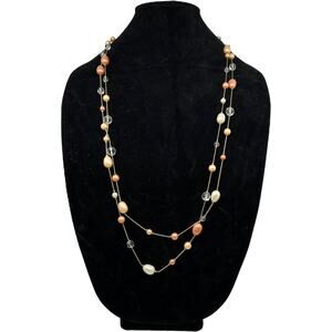 Elegant Peach and Silver Multi-Strand Beaded Necklace